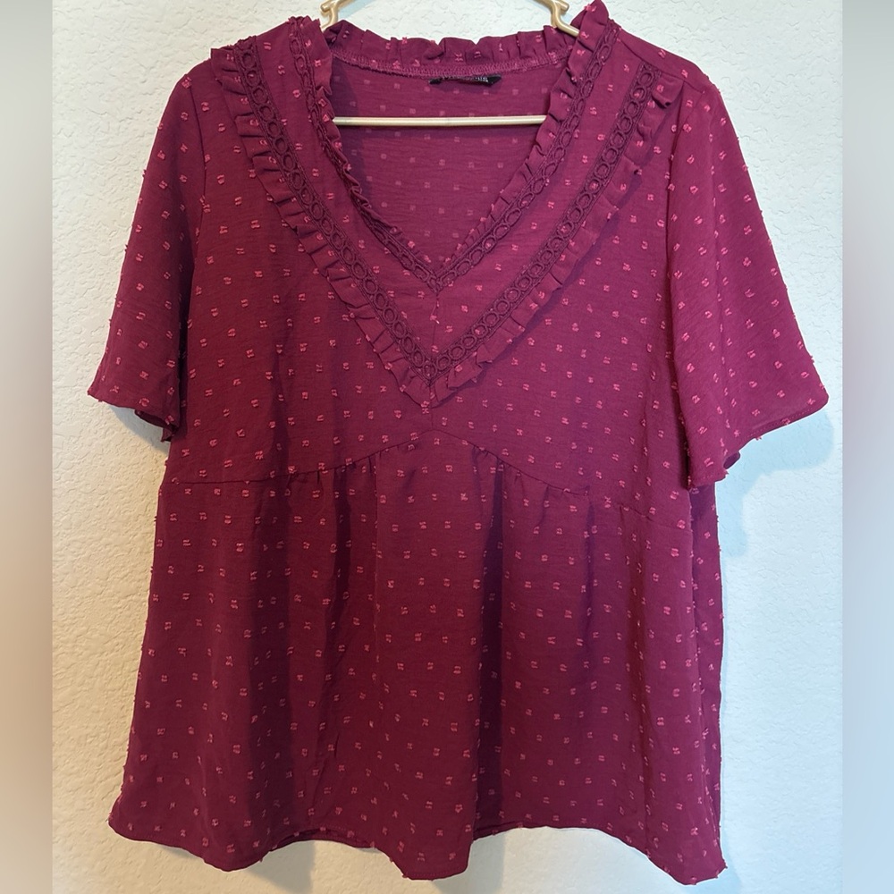 Bloomchic Women's Babydoll Blouse Maroon, Short Sleeve, Size 12